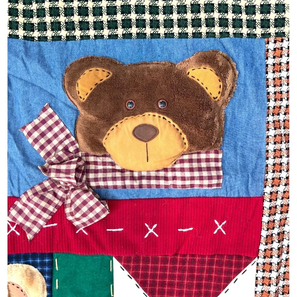 Vtg 90s Teddy Bear 3D Plush Blanket & Pillow Set Patchwork Nursery Cottagecore